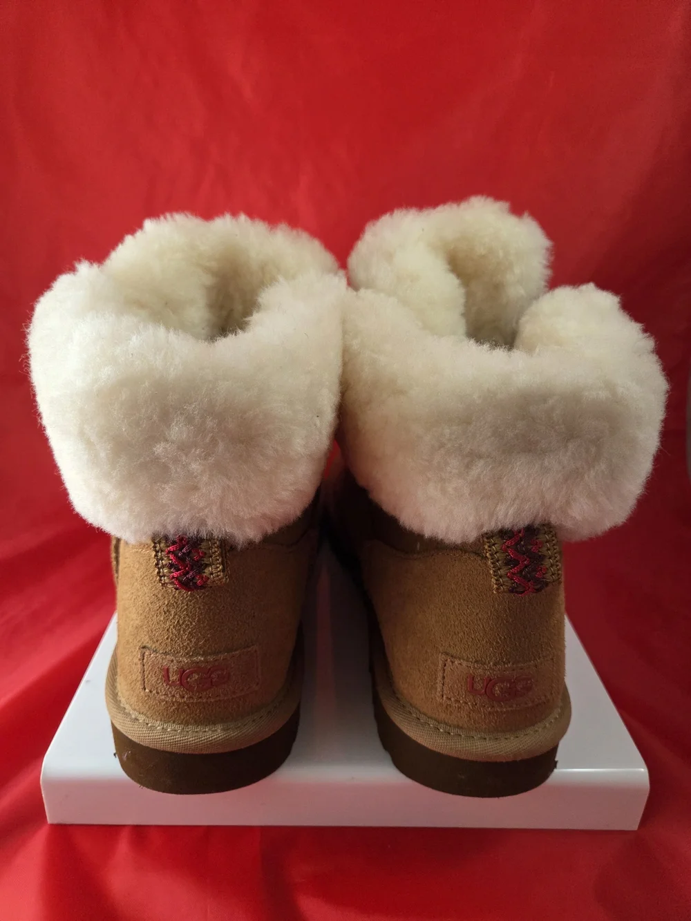 UGG Tan Suede Faux-Fur Winter Boots with Red-Yellow Lace Accents